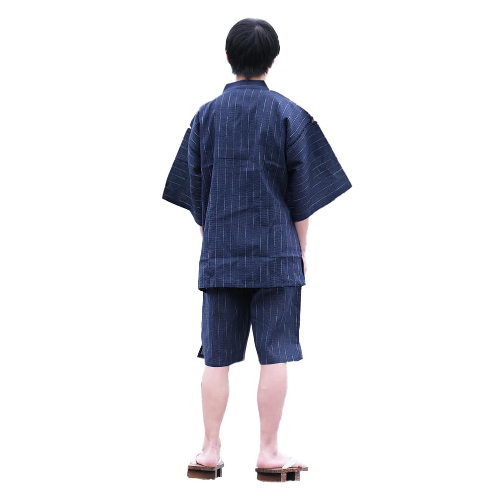 Jinbei Cotton Linen Pajamas Stylish Loungewear Top and Bottom Set Nightwear Summer Gift Day Men's Father's (Striped Navy, L)