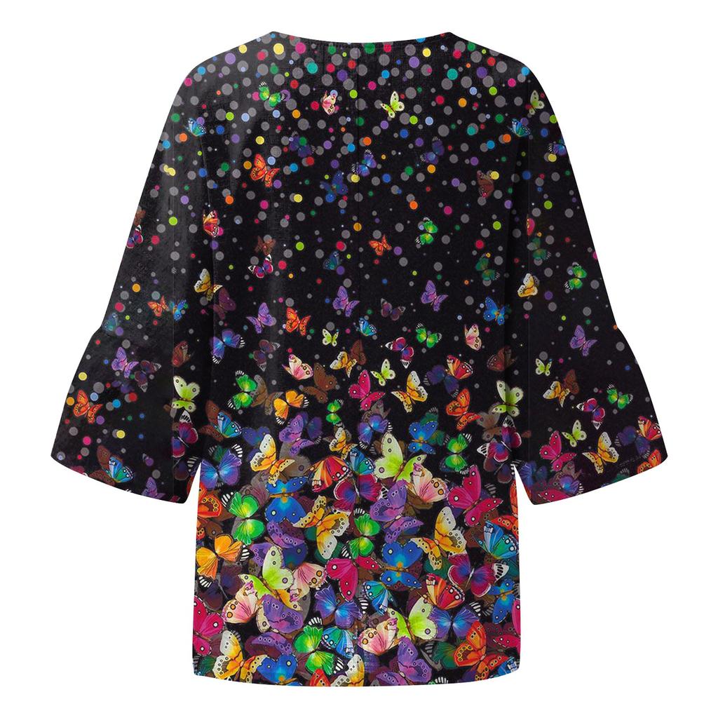 Women Summer Cotton Linen Tshirt Tops Printing Loose Fit Blouse 3/4 Sleeve Vintage Crewneck Plus Size Clothes