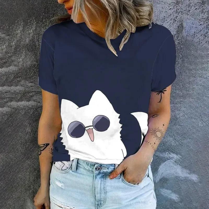 Cute Cat Print High Quality Short Sleeve Street Fashion Loose Round Neck T-shirt Summer New Casual Comfortable Women's T-shirt