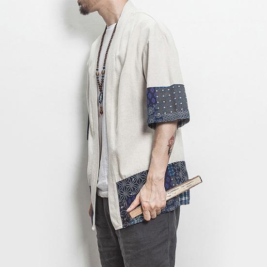 Мужской лоскутный кардиган с ретро-принтом, пальто, пончо с рукавами 3/4 и открытой передней частью, верхняя одежда, тонкий кардиган Hanfu