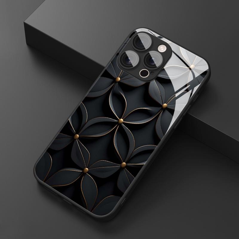 Черный художественный цветок Закаленное стекло Чехол для телефона Для iPhone 17 Pro Max 11 12 13 14 15 16 Pro 17Air 16E 7 8 Plus XR XS Max Чехол