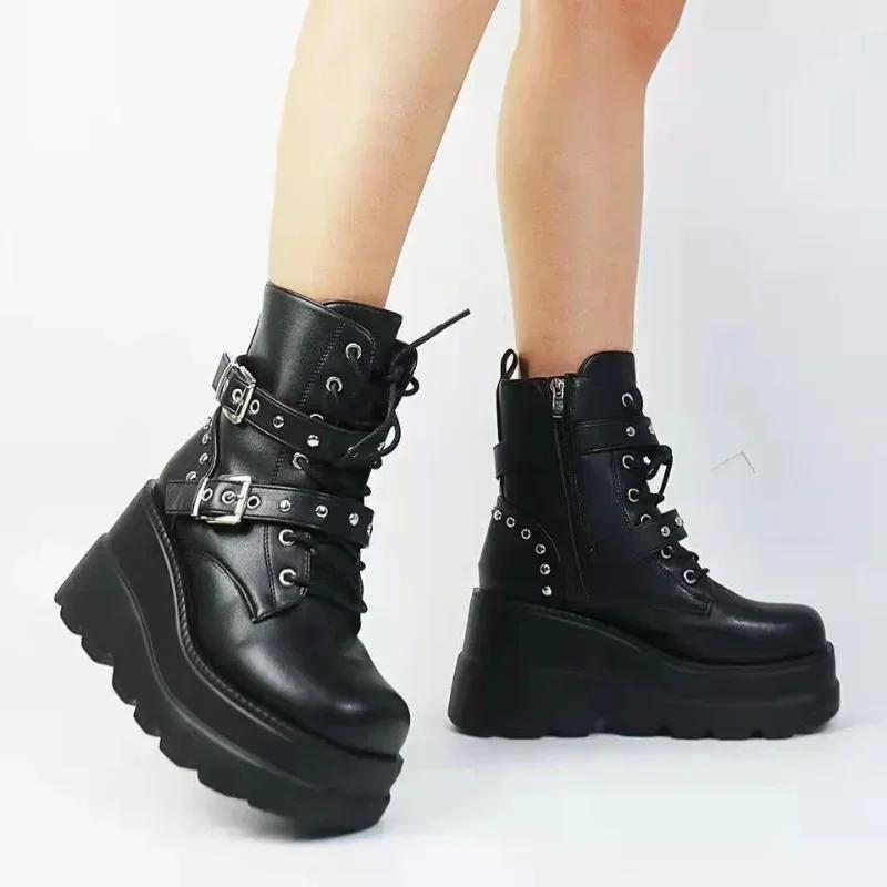 Fashion New Women's Pu Leather Ankle Boots Women Autumn Winter Round Toe Lace Up Shoes Woman Motorcycle Platform Botas Gothic Shoes