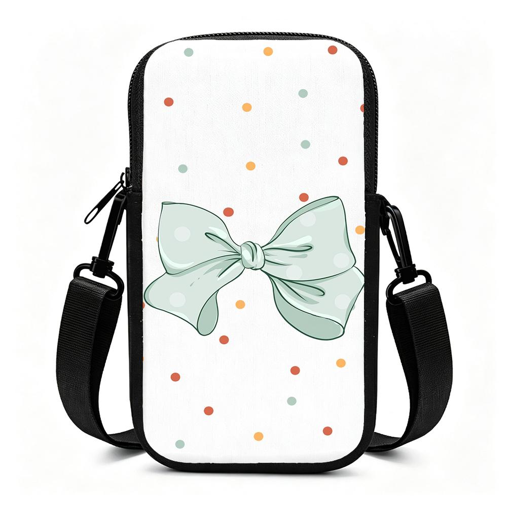 Cute Pastel Polka Dot Bow Print Crossbody Phone Bag, Lightweight Small Shoulder Purse for Women, Trendy Christmas Holiday Gift Aesthetic Phone Sling C