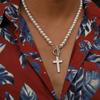 Vnox Stainless Steel Cross Pendant Necklace for Men Women, Imitation Pearl Beaded Chain Collar, Religion Faith Prayer Jewelry