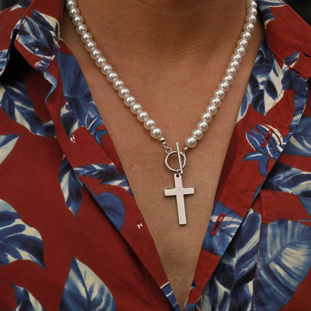 Vnox Stainless Steel Cross Pendant Necklace for Men Women, Imitation Pearl Beaded Chain Collar, Religion Faith Prayer Jewelry