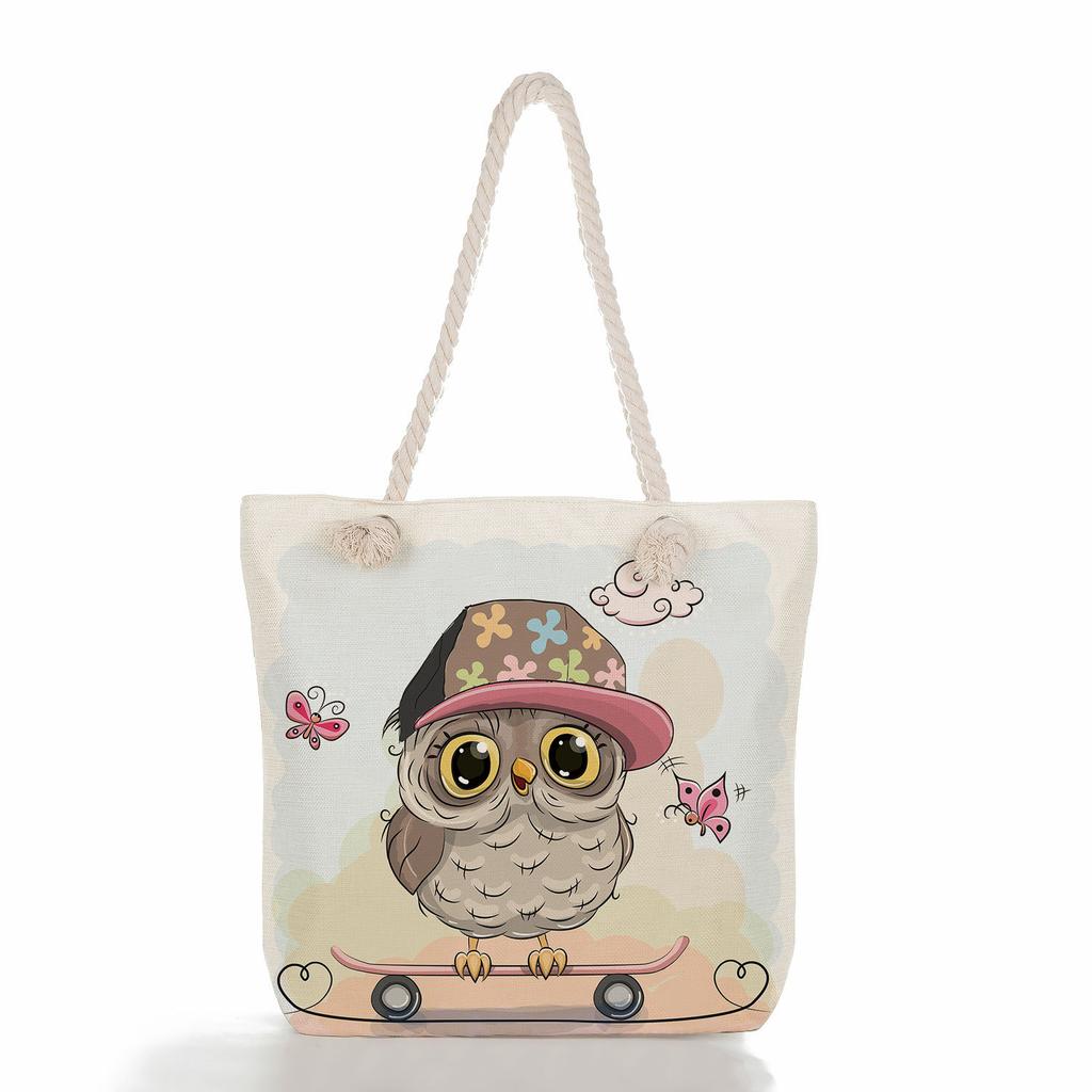 Cute owl print thick rope single-shoulder beach bag 7288 CLE