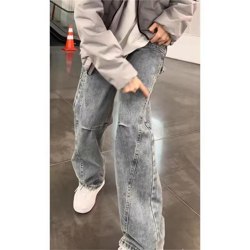 Mens Retro Blue Washed Slim Fit Flared Denim Pants With Belted Waist Utility Pockets
