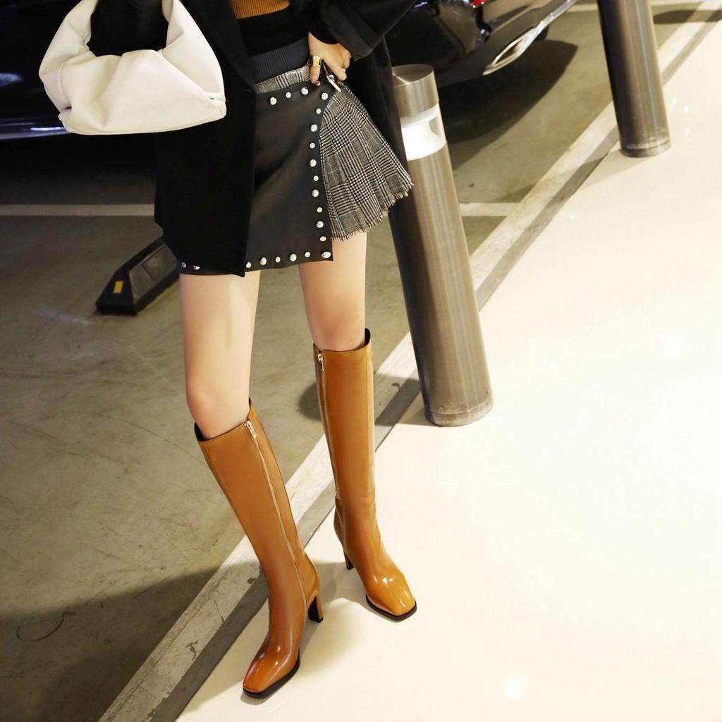 Krazing Pot ПУ осенне-зимняя обувь на высоком каблуке сапоги для верховой езды с квадратным носком европейский дизайн сохраняют тепло высокие сапоги до бедра