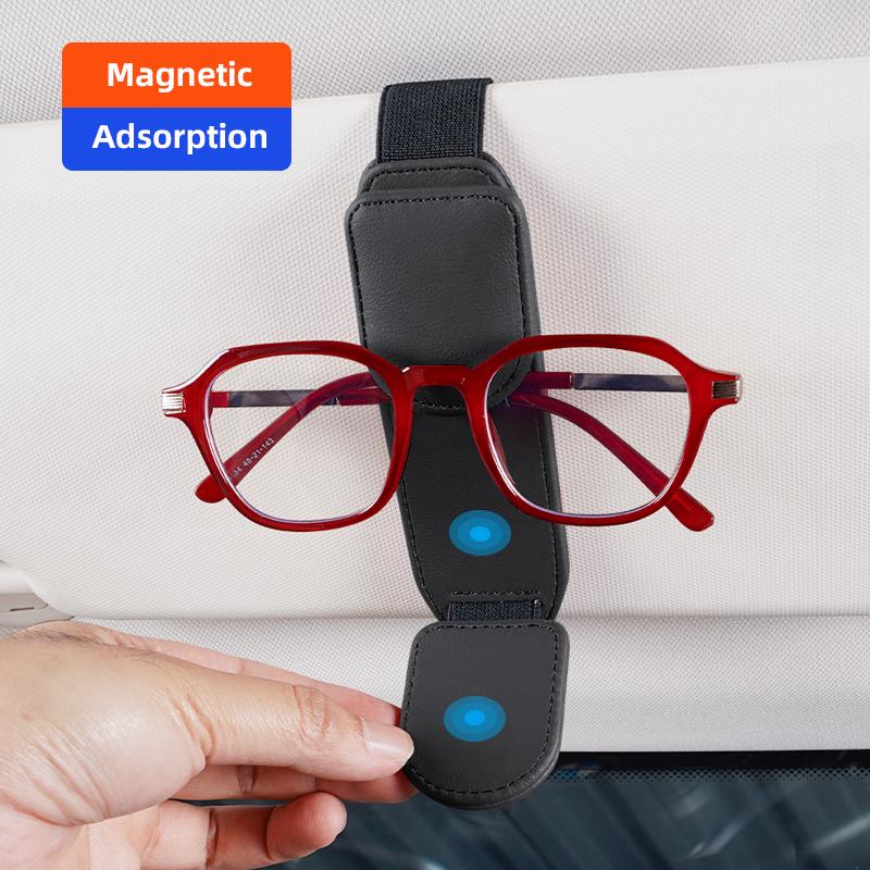 Double Clip Sunglasses Holder Magnetic Leather Glasses Storage For Volvo V60 S90 XC40 V40 XC90 S60 C30 V50 V70 S80 T6 V90 R XC60