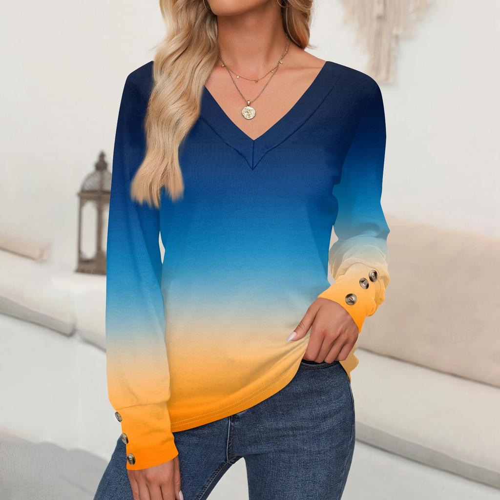 Women's Tops Gradient Printed Long Sleeve Shirt V Neck Casual Loose T-Shirt Autumn Clothing