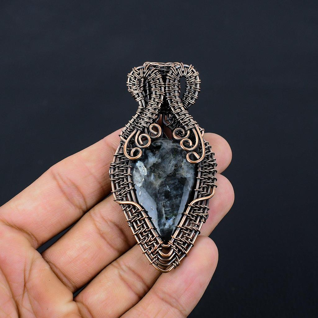 Ларвикит, драгоценный камень, чистая медная проволока, обернутая подвеской ручной работы, ювелирное изделие для нее