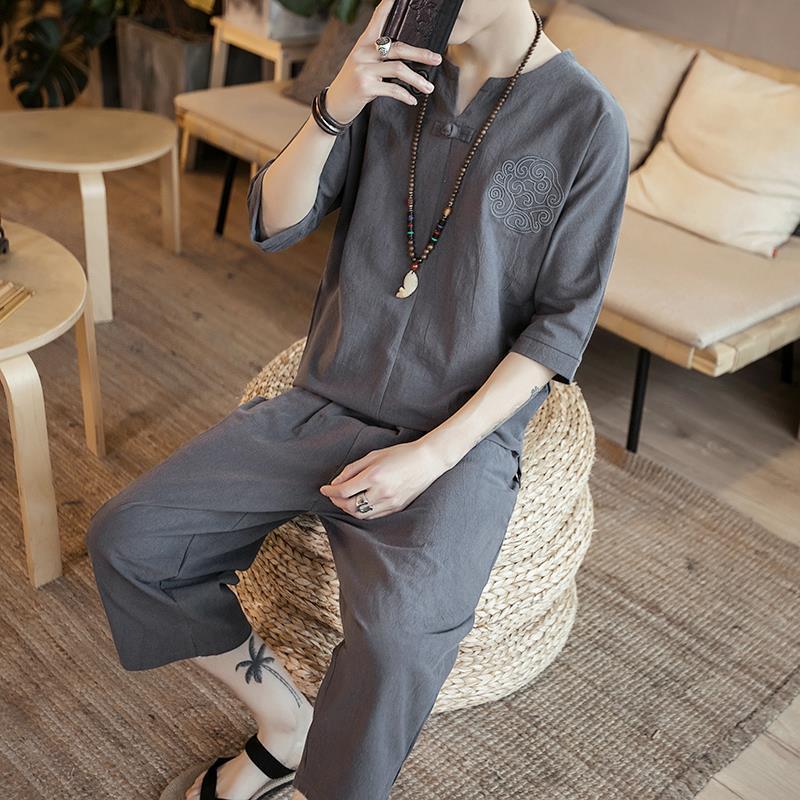 Men's Chinese Linen Pajama Set: Short Sleeve Hanfu Top with Frog Buttons and Cotton Linen Capri Pants In Trendy Loose Fit