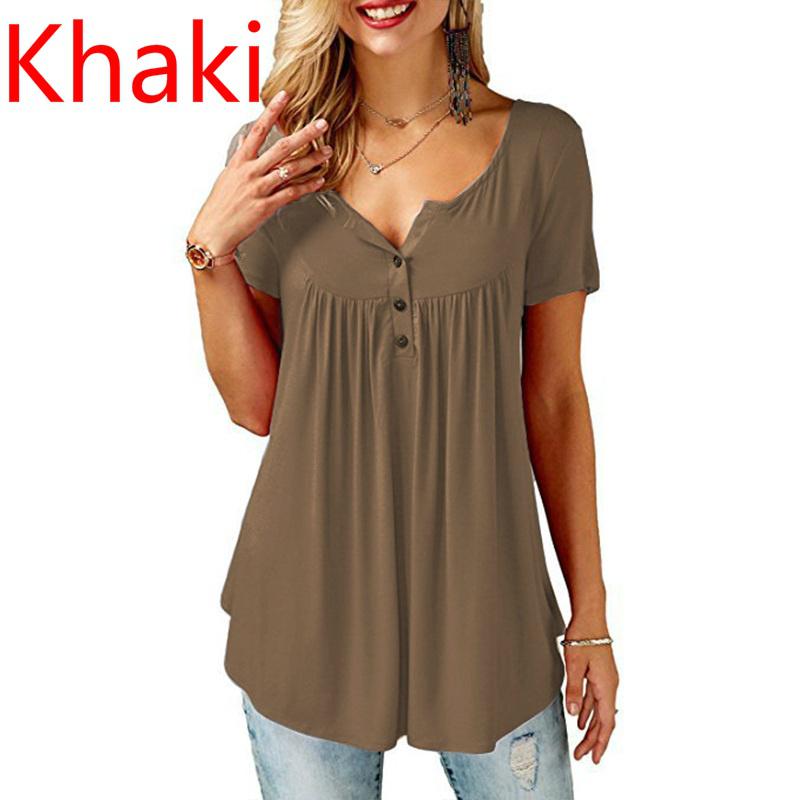 Womens O Neck Button Loose Elastic Tops Ladies Short Sleeve Tunic Shirts Female Casual Blouses