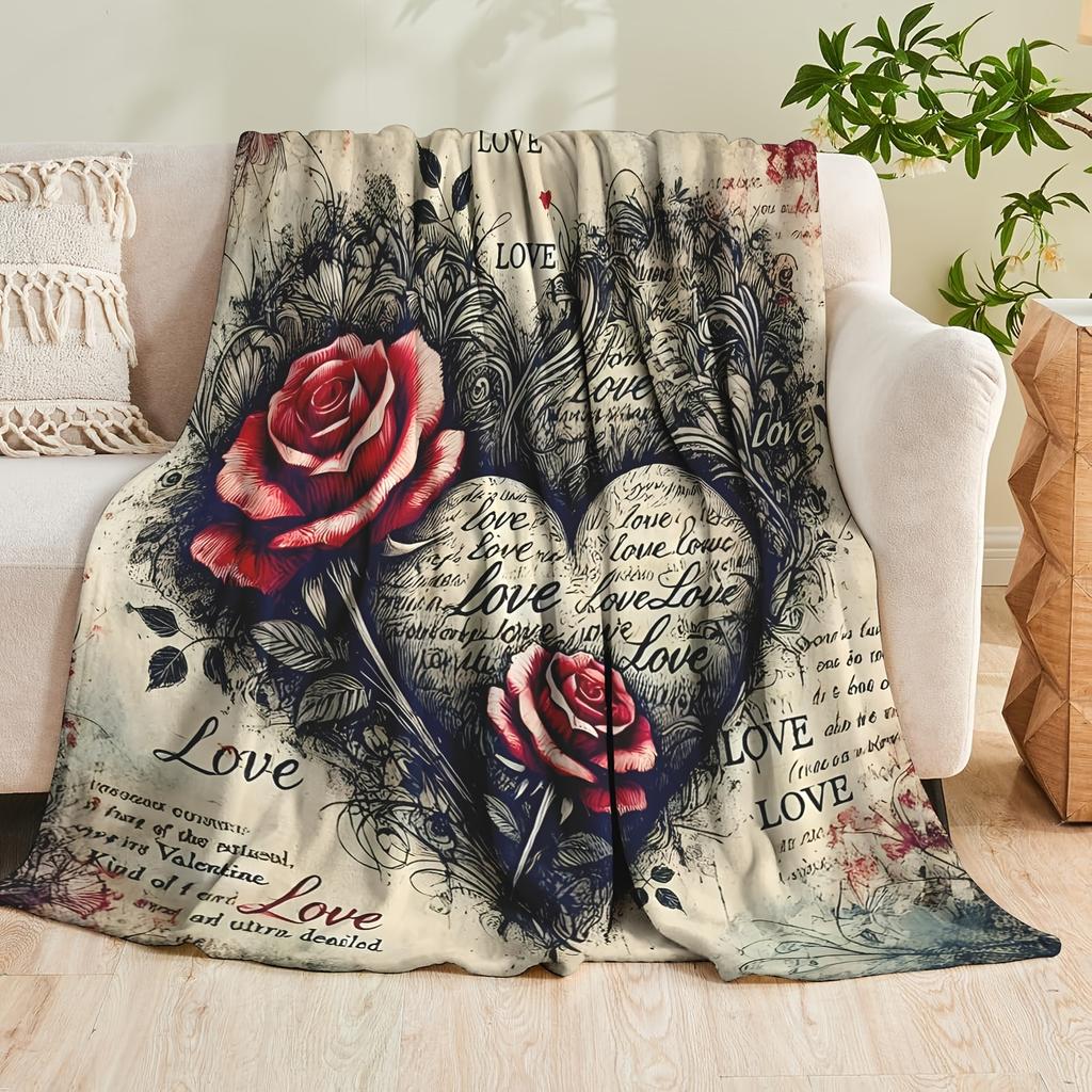 1pc Printed Blanket with Red Rose and Heart Romantic Vintage Elegant Print, Warm Soft and Comfortable Throw Blanket for Bedroom and Sofa, Suitable for