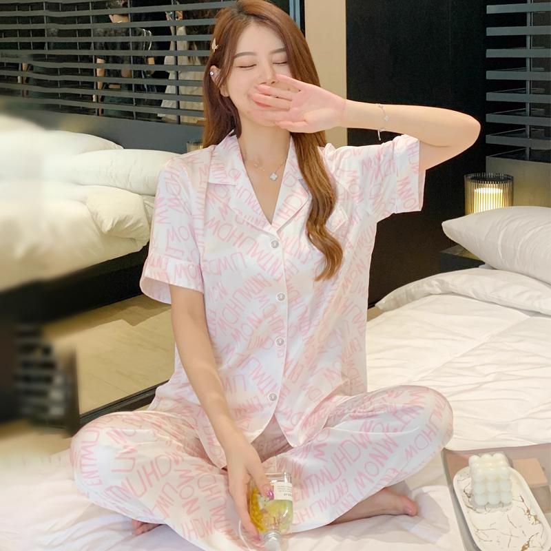 Женские пижамы, комплекты для отдыха, лето, осень, пижамный комплект с отложным воротником, искусственный шелк, атлас, короткий рукав, женская пижама, домашняя одежда