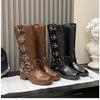 Women's Platform Motorcycle Boots Buckle Strap Thick-soled Boots Feamle  Fashion Black PU Leather Western Knight Botas Mujer