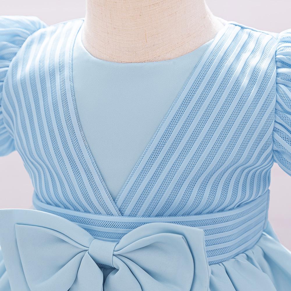 2025 Платье принцессы на первый день рождения для младенца девочки - Атласное платье с пышными рукавами и полосатым дизайном с бантом