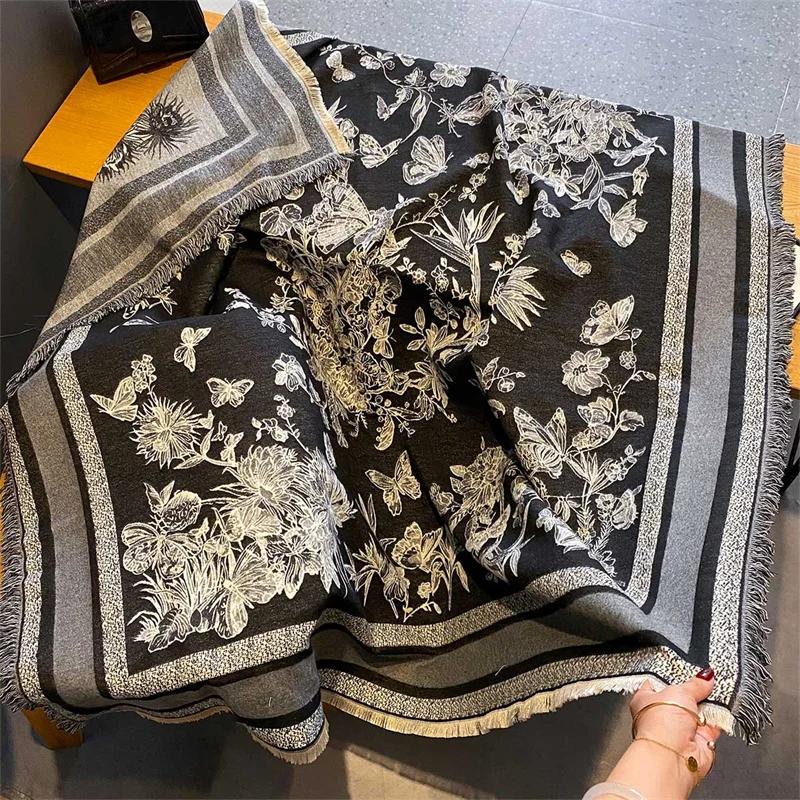 Квадратный кашемировый женский цветочный шарф, зимняя теплая шаль и накидка, бандана, пашмина, женский платок, толстое одеяло, пончо