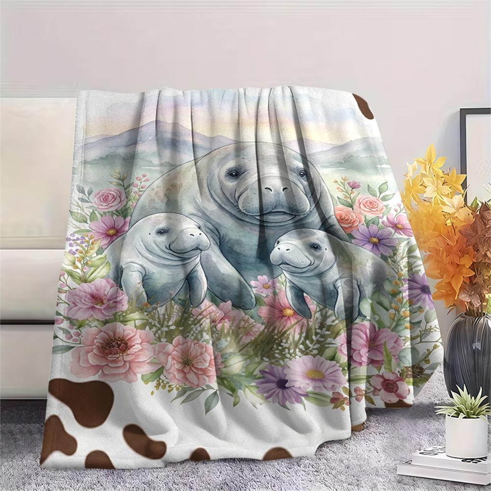 1PC Floral Cow Animals Print FlAannel Blanket, High quality Comfortable for All Seasons, Home Decor, Warmth and Comfort