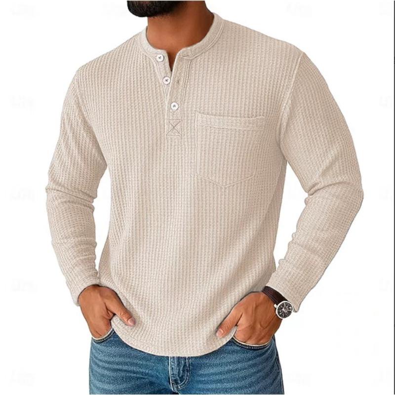 Мужская футболка Henley с воротником-стойкой, длинным рукавом, вафельной текстурой, нагрудным карманом, мягкая, для повседневной носки, пуловер