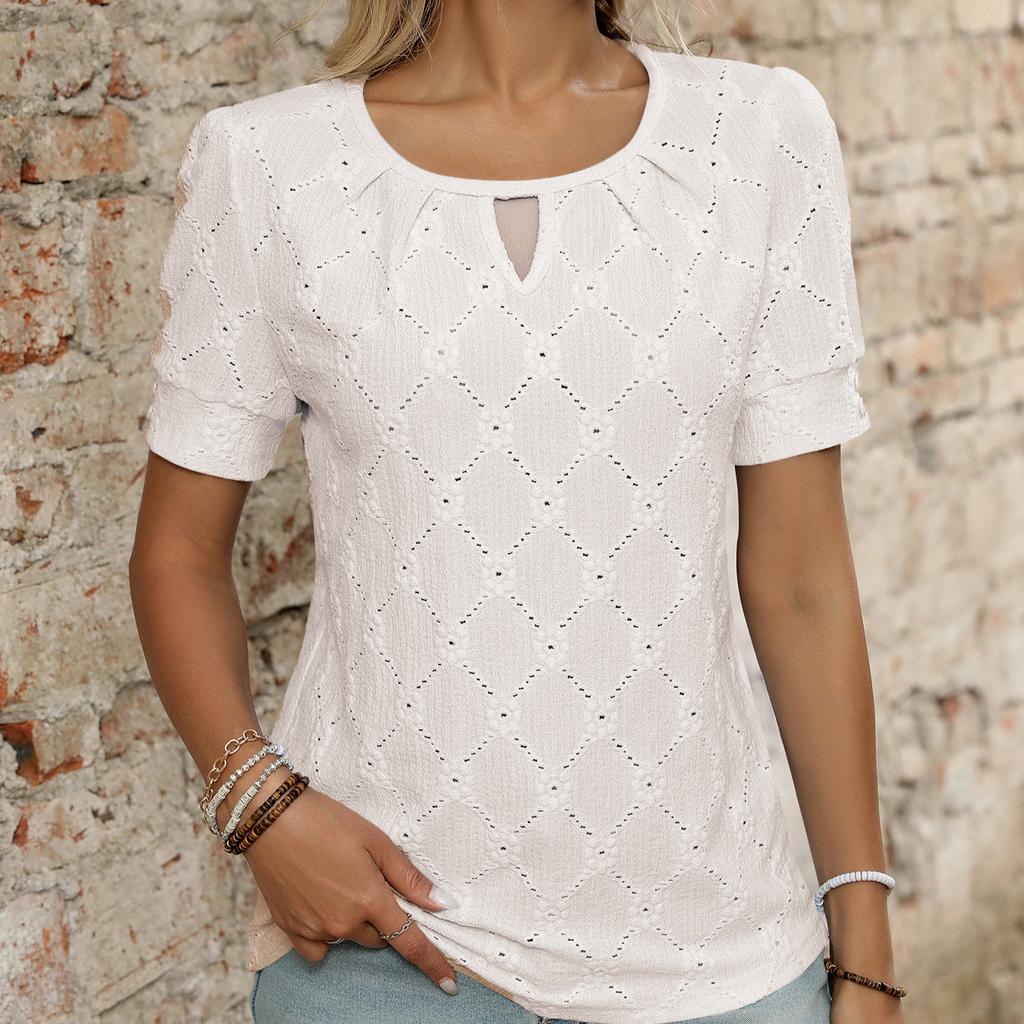 2025 Весна/Лето Новая однотонная футболка с круглым вырезом и коротким рукавом на пуговицах с открытыми плечами