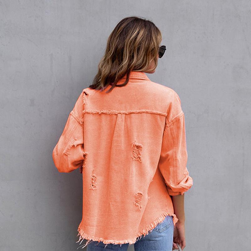 Женская джинсовая куртка средней длины с необработанными краями и отверстиями, осенне-зимняя, повседневная, с длинными рукавами и лацканами