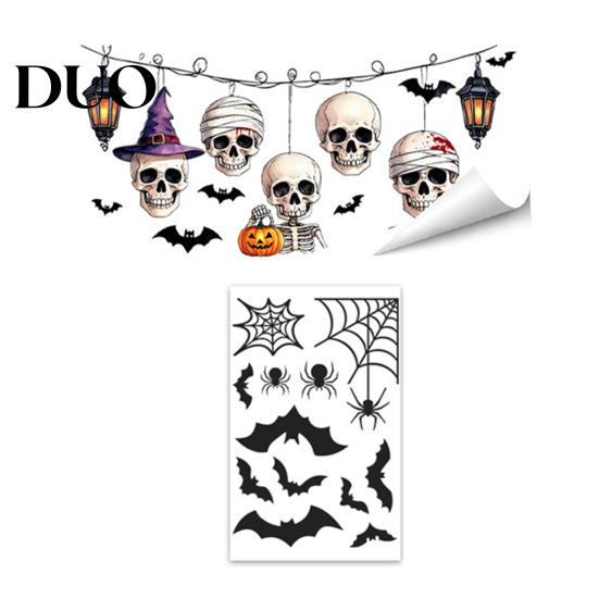Waterproof Holiday Window Film Halloween Clings, Pumpkins Skeletons Ghosts And Bats Print Decorative Indoor Outdoor Glass Ornaments