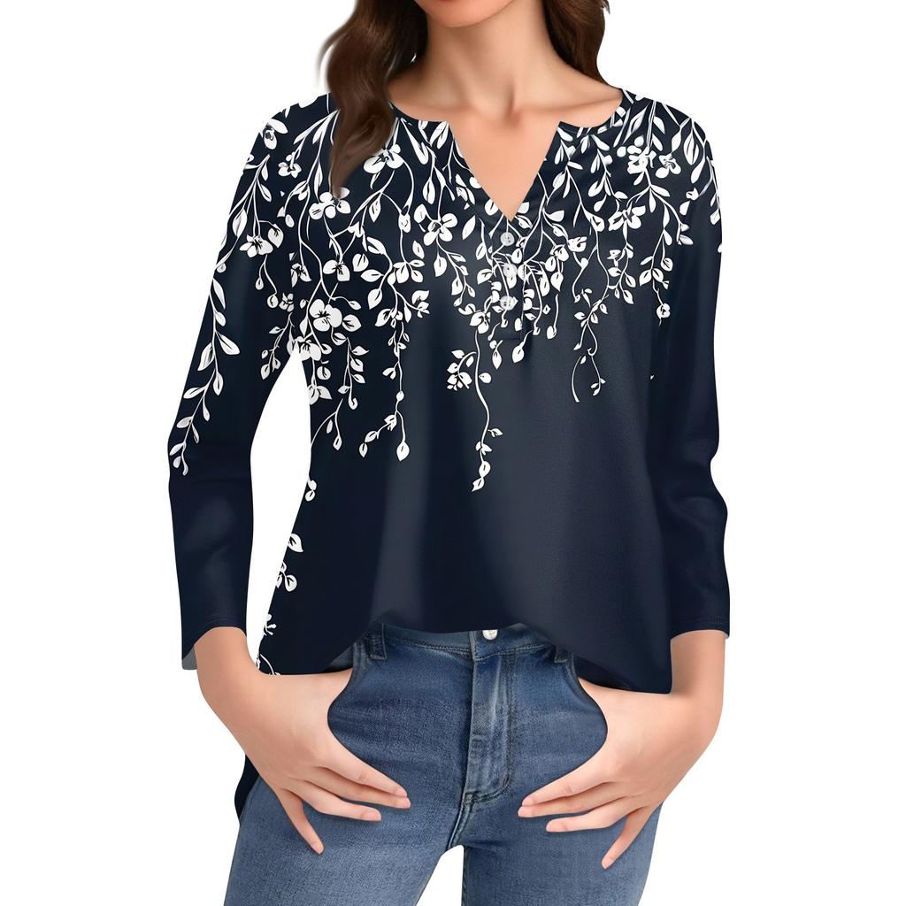 Women's T Shirt Print Button 3/4 Sleeve Daily Weekend Fashion Basic V- Neck Regular Top
