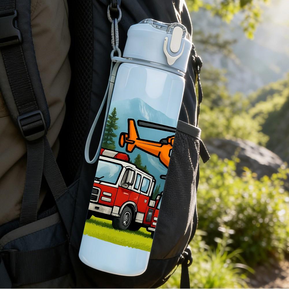 1PC Fire Truck Rescue Vehicle 750ml Color Plastic Sports Water Bottle Leakproof Flip Straw Lid Suitable for Sports Office Home Use