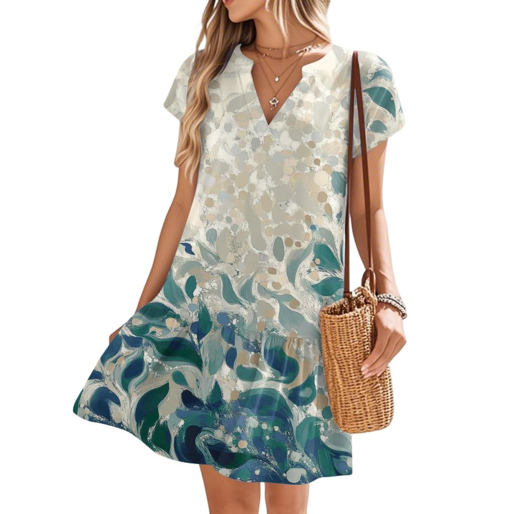 Женские платья с коротким рукавом и V-образным вырезом с цветочным принтом Свободные повседневные пляжные платья в стиле темперамент
