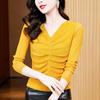 New Autumn V-neck Fashionable Temperament Versatile Bright Silk Mesh Yarn Long Sleeve Chic Base Shirt for Women