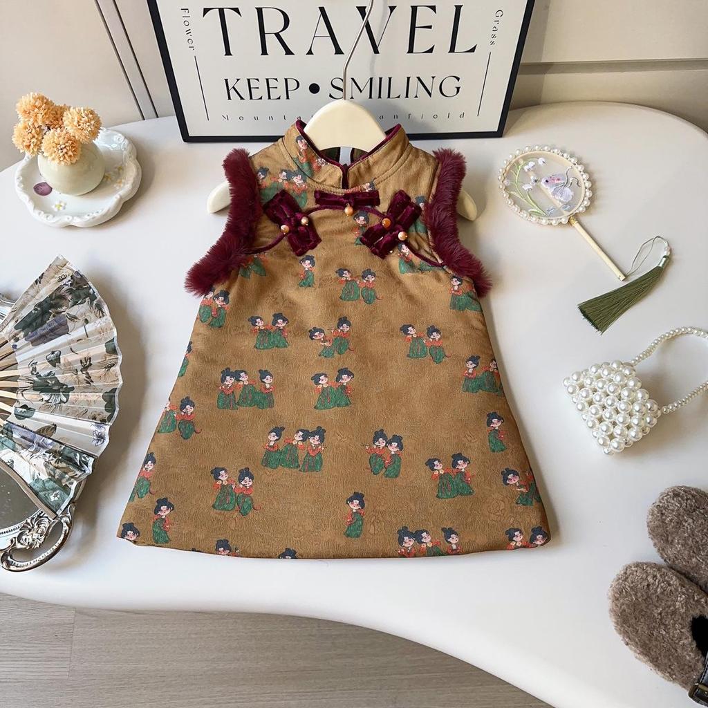 Девичье зимнее платье без рукавов ципао - Детский ханьфу в стиле Тан, жилет AWA898