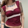 Нишевый стиль кружевной квадратный воротник придворный стиль короткий рукав весна новый сладкий и пикантный облегающий модный топ