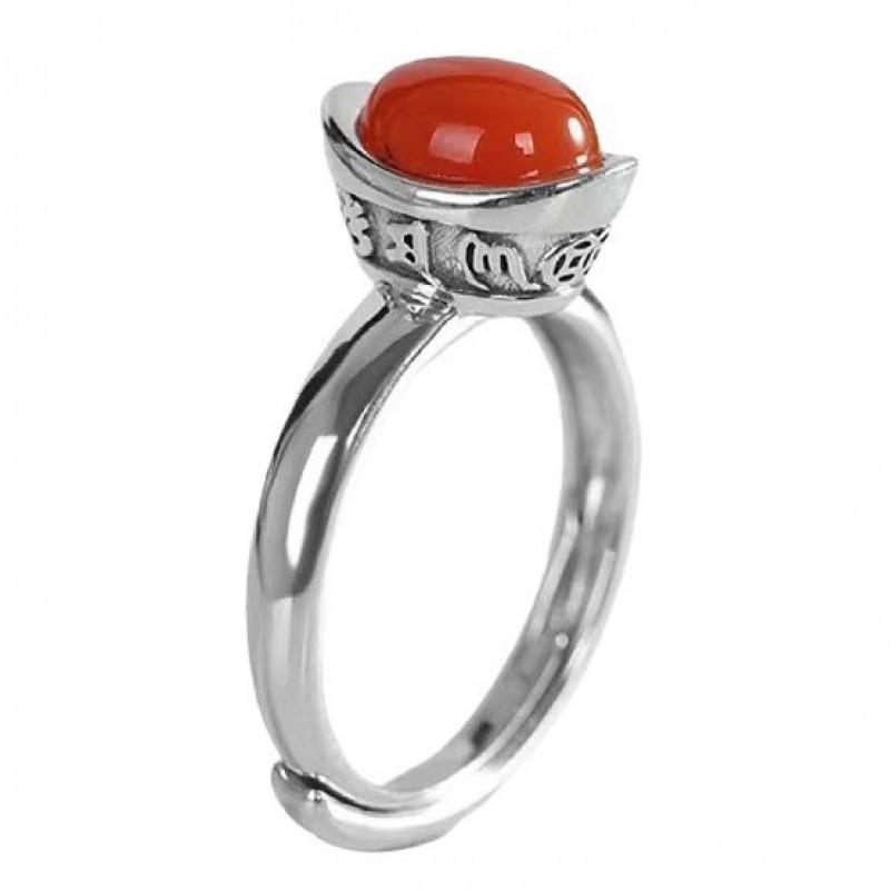 Adjustable Open Ring With Red Agate Inlay Vintage Chinese Style Coin Motif Unisex Fashion Jewelry