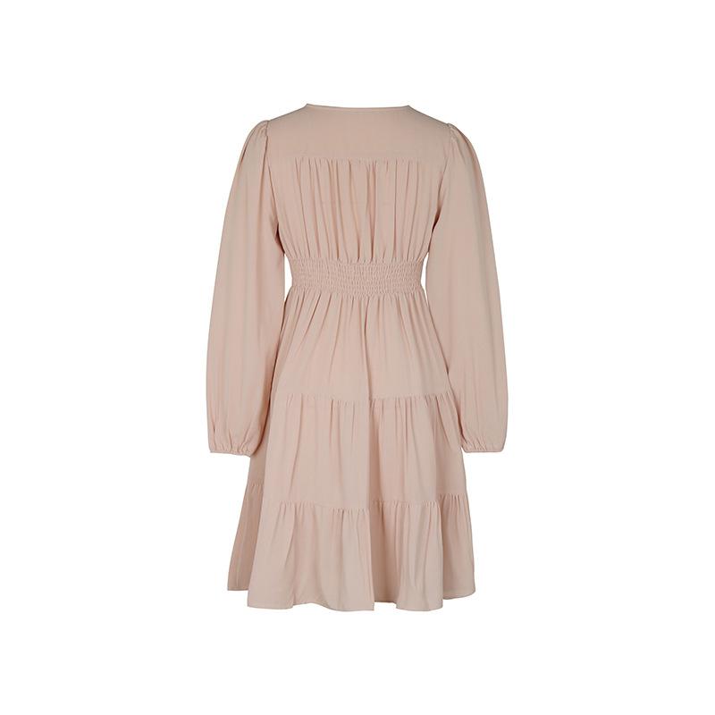 Весна-лето женское однотонное плиссированное платье трапециевидной формы с v-образным вырезом и высокой талией с длинным рукавом
