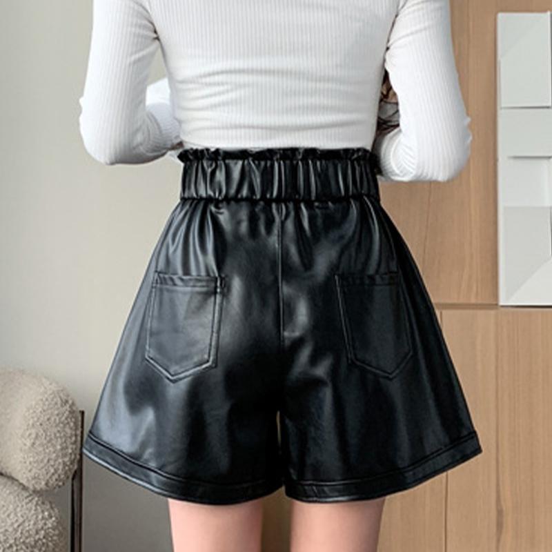 Кожаные брюки, шорты, женские модные свободные брюки трапециевидной формы с высокой талией и широкими штанинами