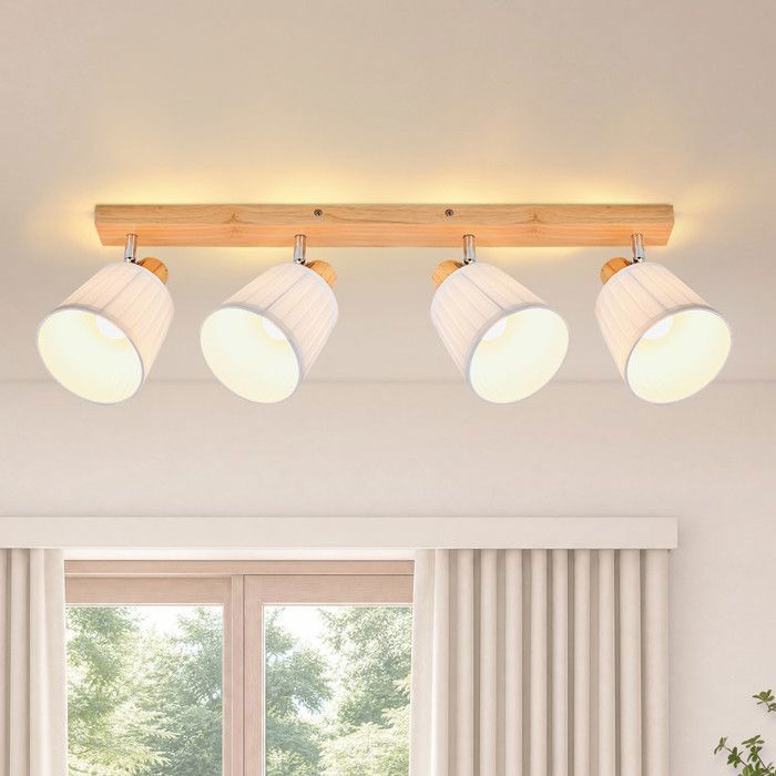 Plafonnier - NETTLIFE - Spot 4 têtes Rétro - Bois naturel - Abat-jour tissu blanc pivotant 350° - Culot E14