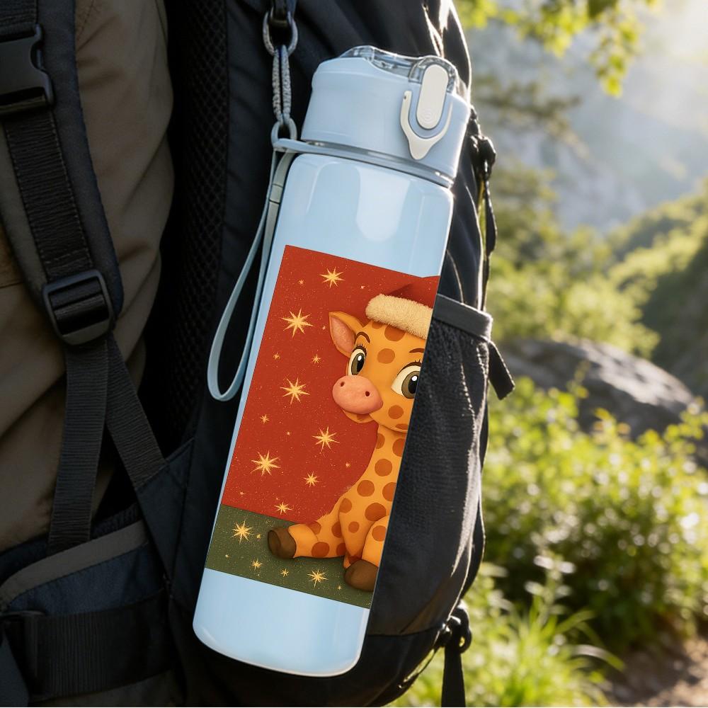 1PC Christmas Giraffe Cartoon 750ml Color Plastic Sports Water Bottle Leakproof Flip Straw Lid Suitable for Sports Office Home Use