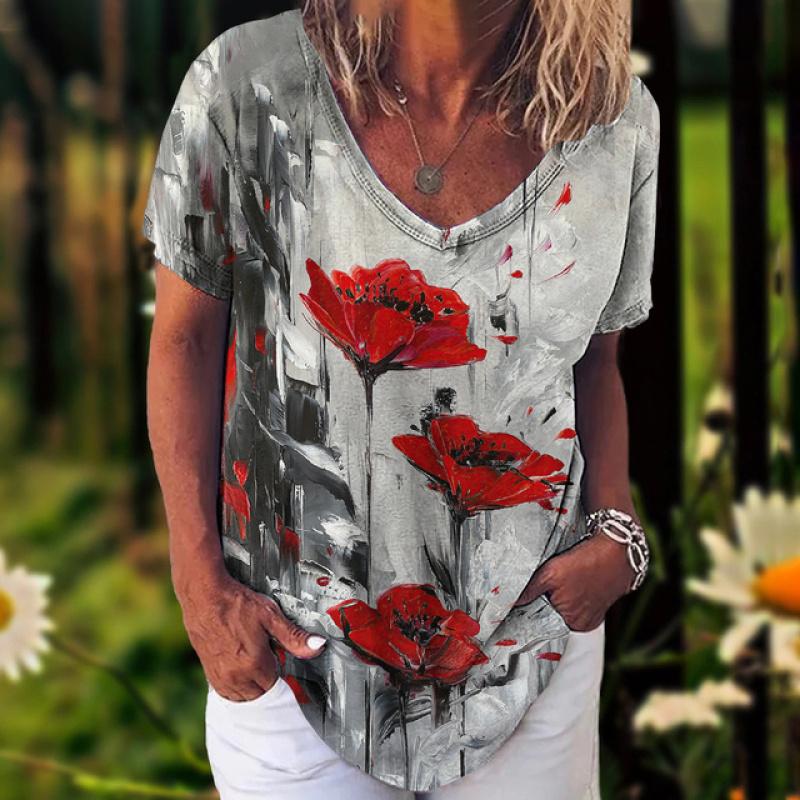 Fashion Women'S T-Shirt 3d Flowers Print Clothing V-Neck Short Sleeve Tops Summer Harajuku Ladies Pullover Oversized Female Tees