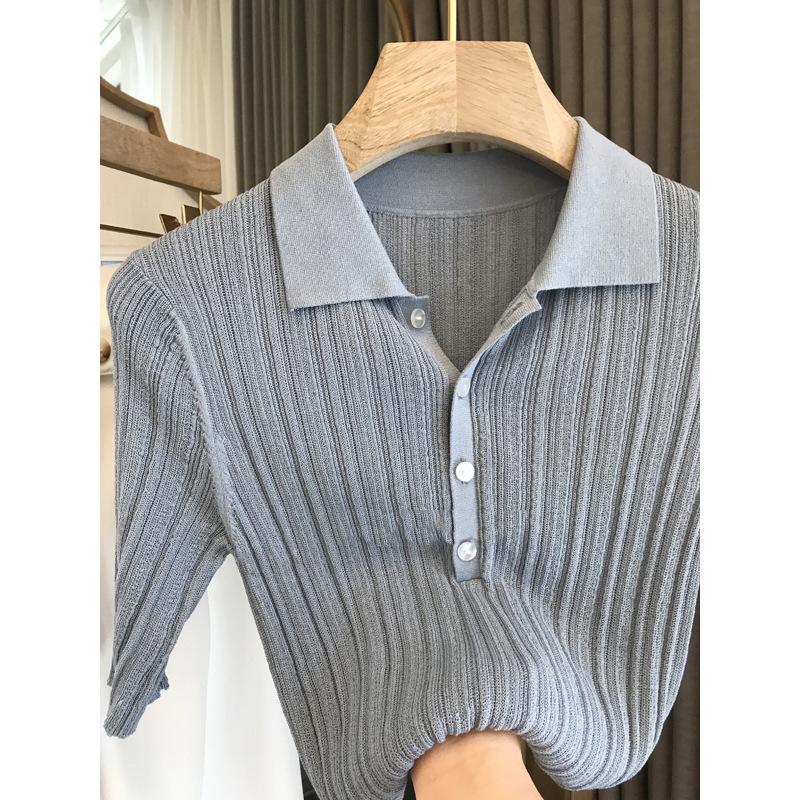 Summer Linen Tencel Breathable Cool French Polo Lapel Thin Knitted Shirt Women