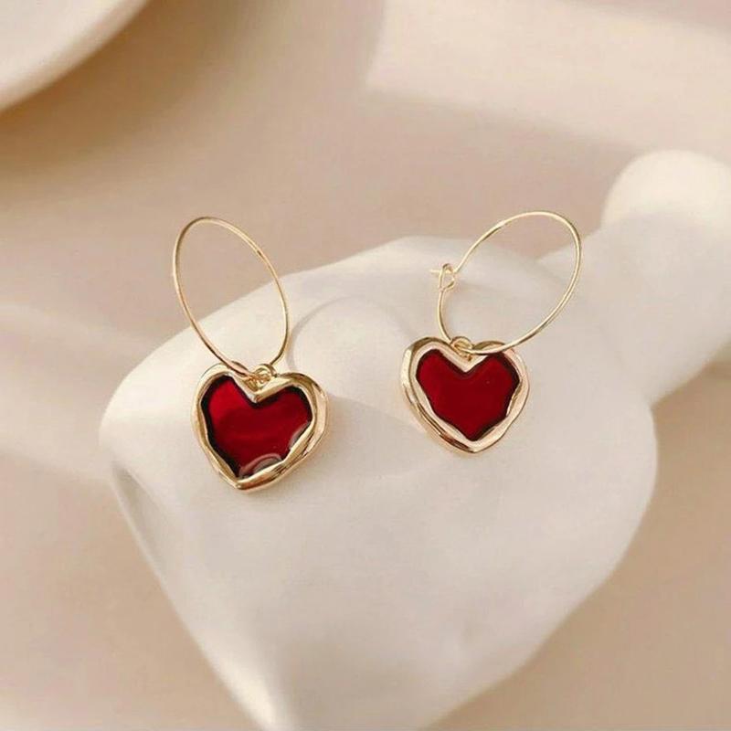 Trendy Red Enamel Love Heart Earrings For Women Girl Circle Metal Love Heart Hanging Dangle Earrings Vintage Jewelry