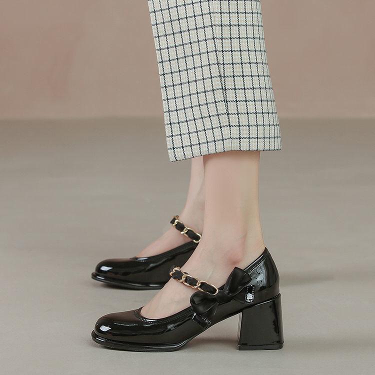 Family Season High Heels Women 'S Mary Shoes New Spring And Summer Bow Thick Shallow Mouth Single