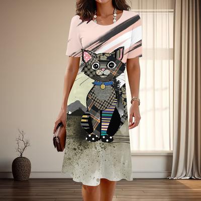 Женская мода изящный принт котенка лето весна короткий рукав О-образный вырез повседневные платья