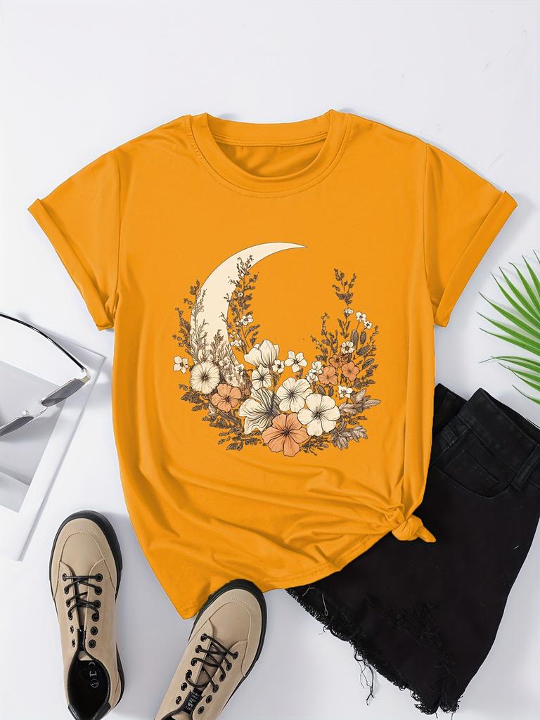 Футболка большого размера, женская, с цветочным принтом и лунным принтом, с коротким рукавом, круглым вырезом, слегка эластичный топ