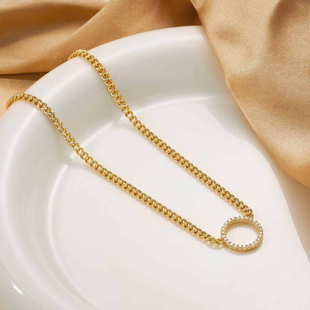 Cuban Chain Circle Zircon Pendant Necklace Gold Tone Round Hollow Design Minimalist Fashion Jewelry for Women