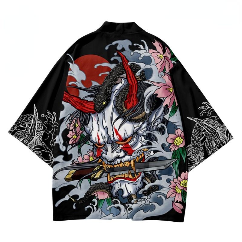 Men Japanese Open Front Kimono Yukata Cardigan Print Shirt Jacket 3/4 Sleeve Blouse Casual Top Loose Outwear