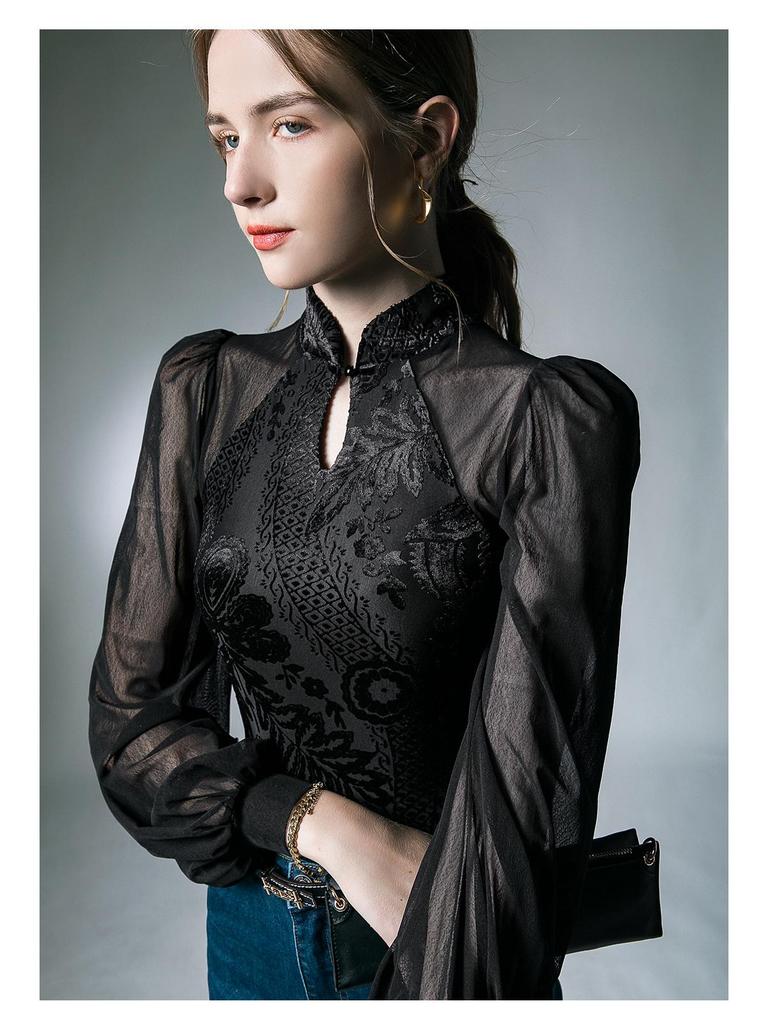 Retro European-Chinese Mesh Lantern Sleeve Blouse: Trendy Autumn Slim Fit