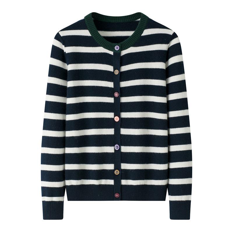 Women's Black & White Striped Single-Breasted Retro Knit Cardigan Sweater