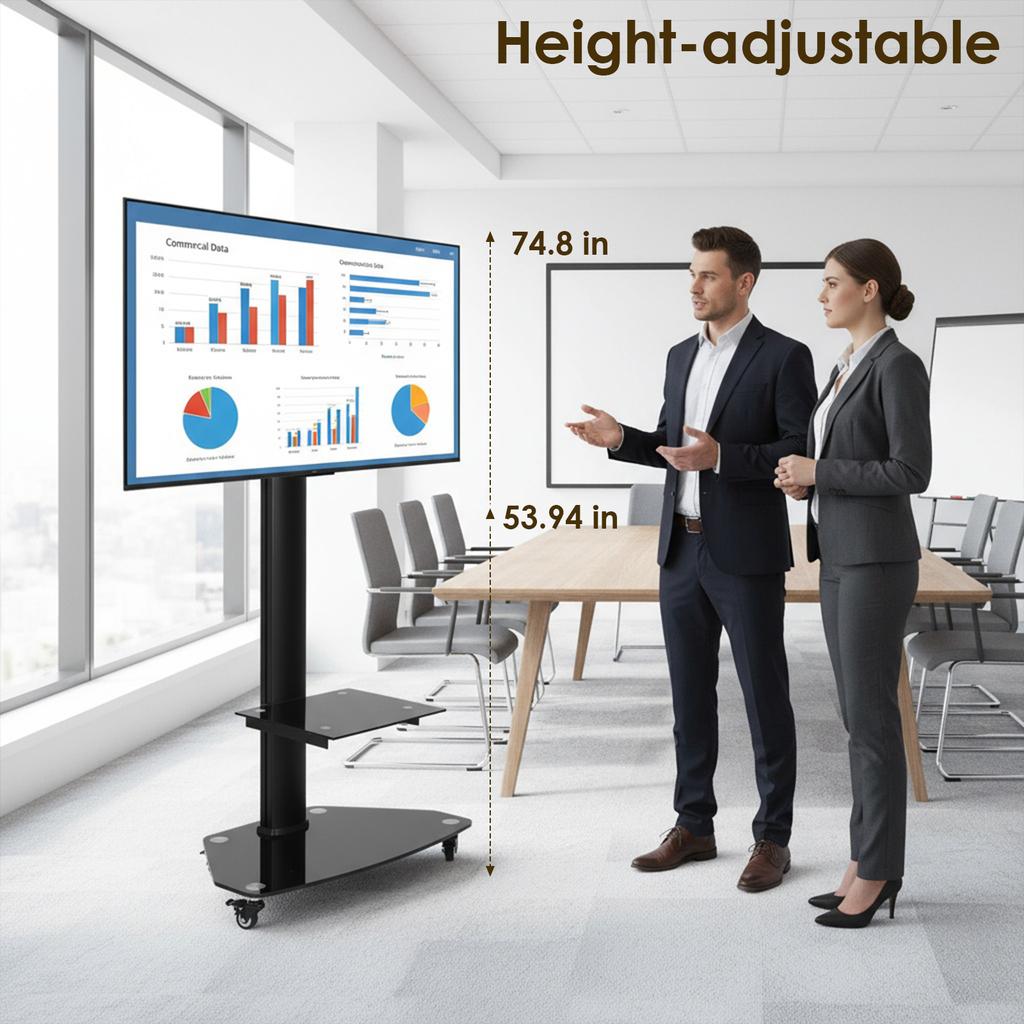 Мобильная подставка для телевизора с регулируемой высотой, передвижная стойка для ТВ на колесах с полкой для экранов 37-70 дюймов, выдерживает до 88 фунтов