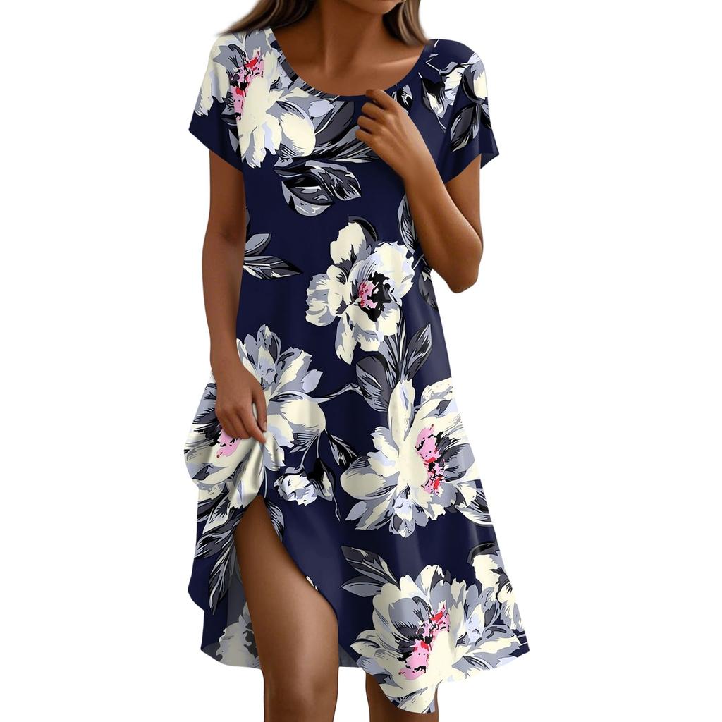 Платье в стиле бохо с коротким рукавом для женщин, повседневное, свободного кроя, летнее, сарафан с цветочным принтом и карманами
